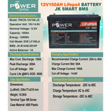 Power Central 12V 100ah Lifepo4 Battery EVE LF100LA JK Smart BMS JBD Grade A 5000 Cycle life