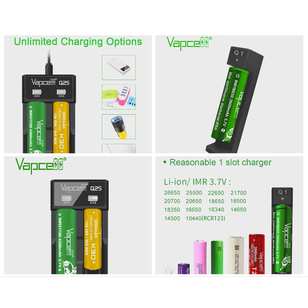 Vapcell Q1 Q2S Lithium ion Battery Charger 1 & 2 Slot 18650 21700 22650 25500 26650 Li-Ion