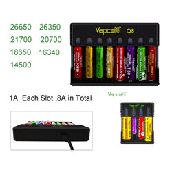 Vapcell Q4 Q8 Lithium ion Battery Charger 4 & 8 Slot 18650 21700 22650 25500 26650 Li-Ion